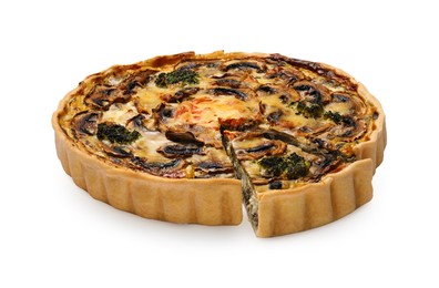 Photo of Delicious quiche with mushrooms isolated on white