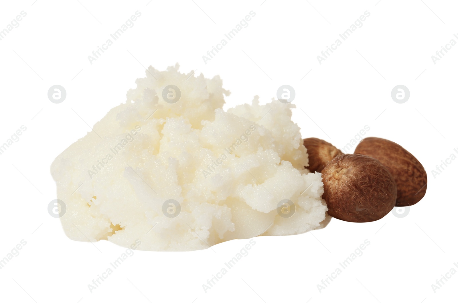 Photo of Fresh shea butter lump and nuts isolated on white