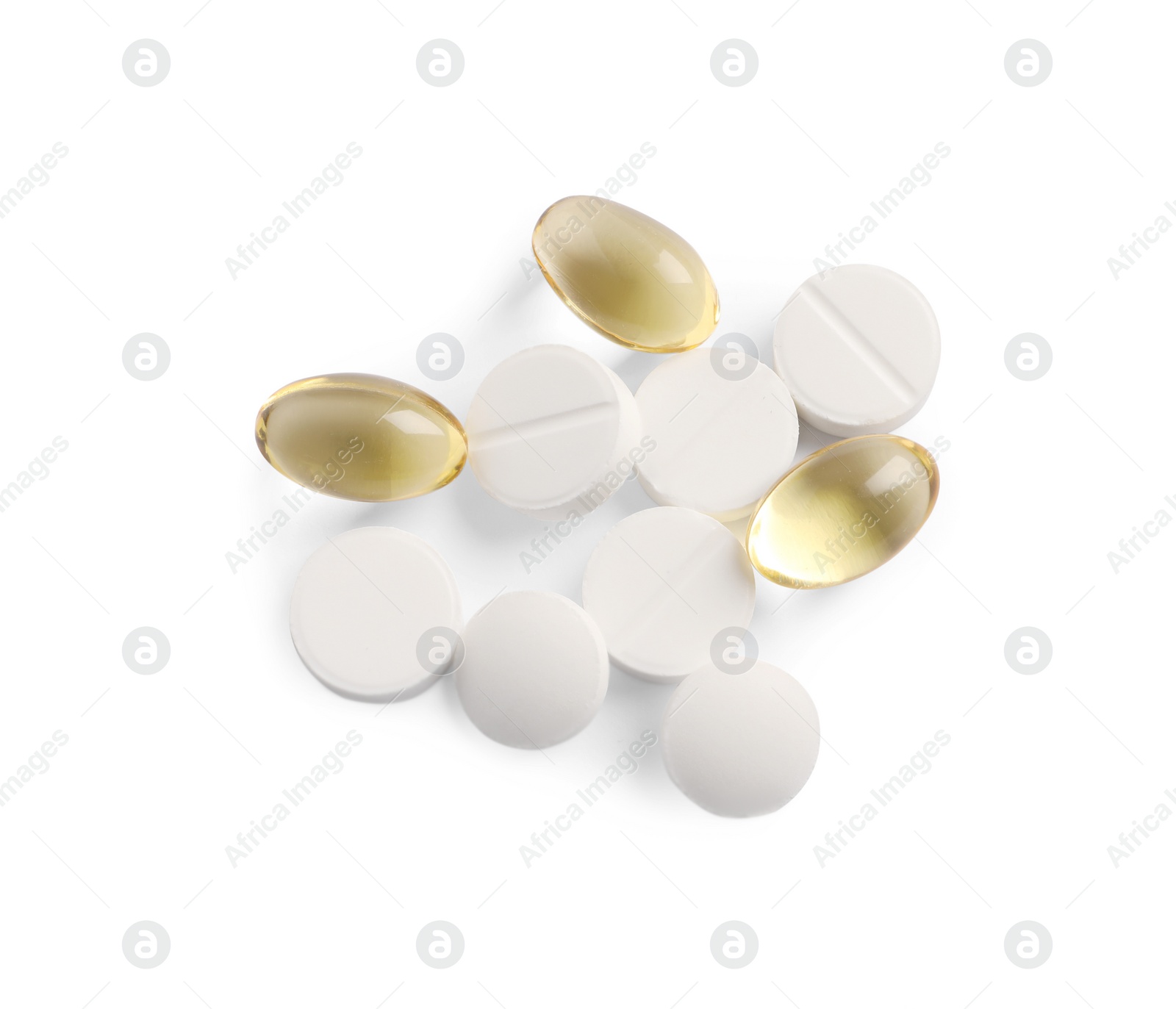 Photo of Many different pills isolated on white, top view