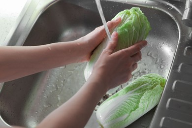 Photo of Woman washing fresh Chinese cabbages in sink, closeup