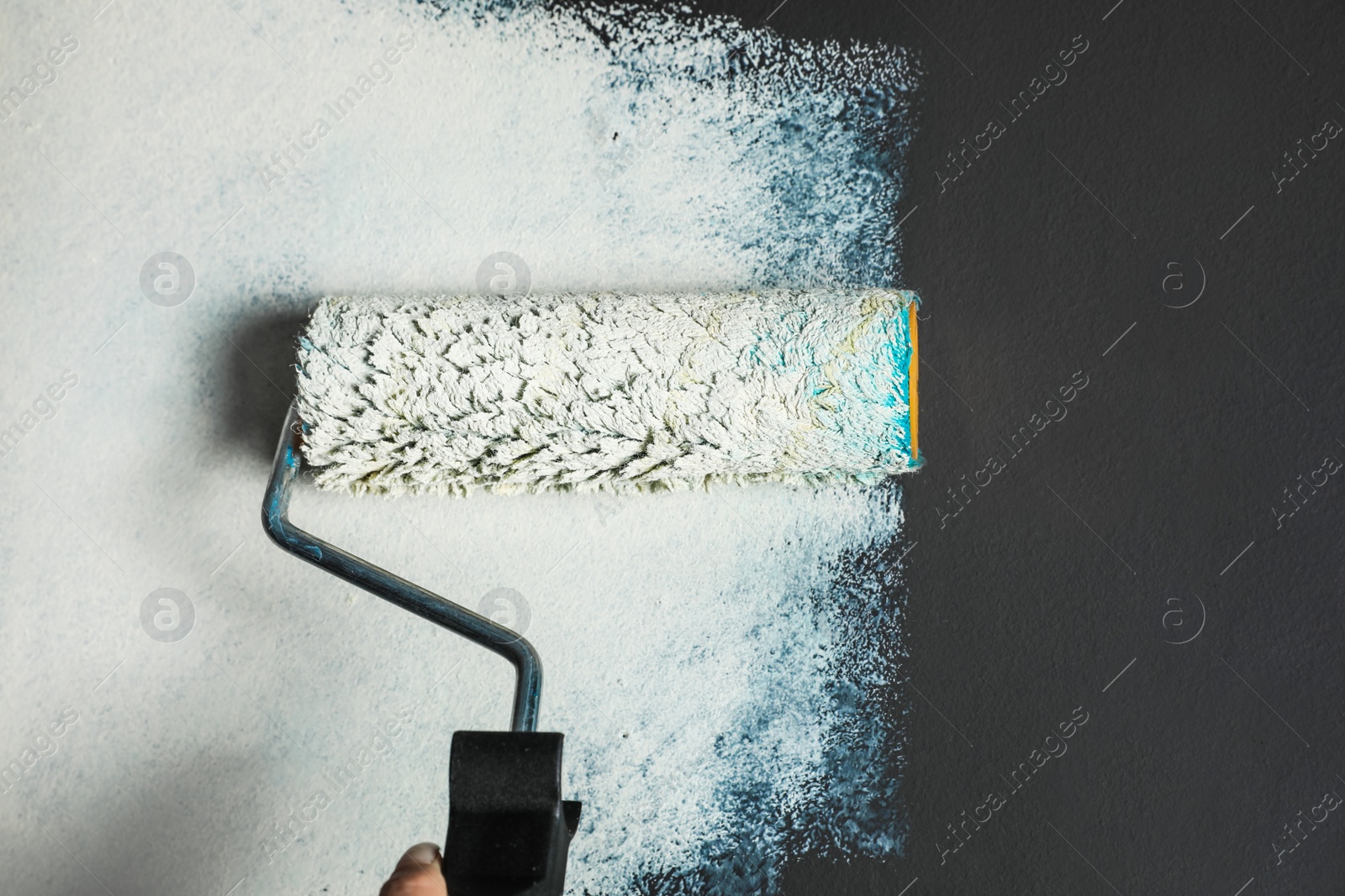 Photo of Woman painting grey wall with white dye, closeup