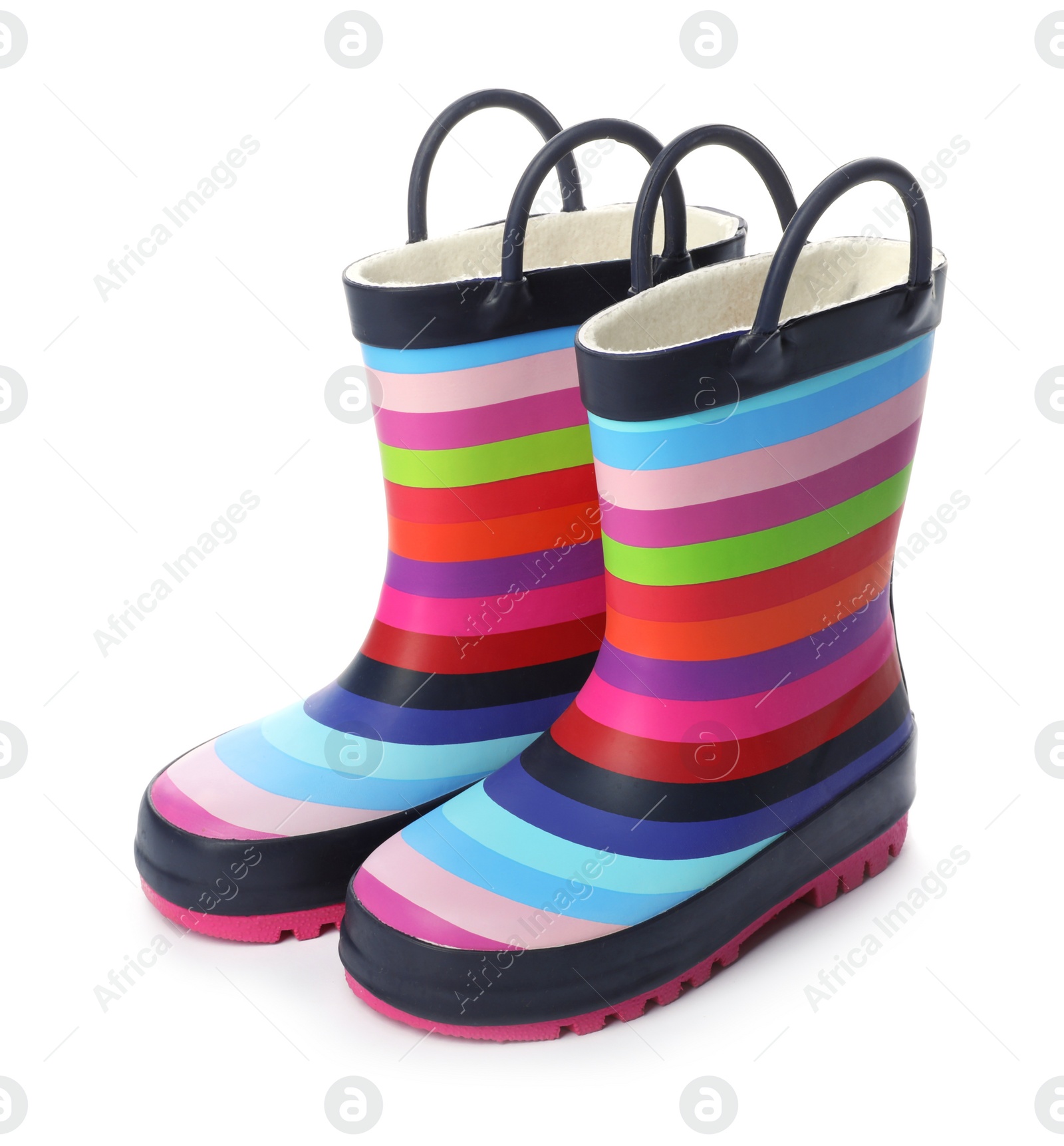 Photo of Colorful children's rubber boots on white background