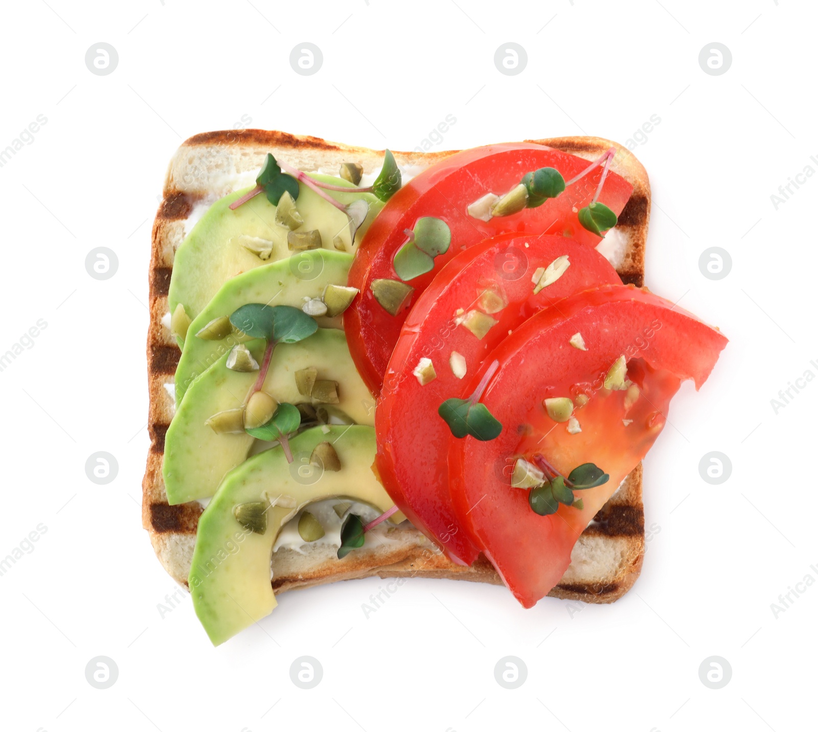 Photo of Sandwich with avocado, tomato, cream cheese and microgreens isolated on white, top view