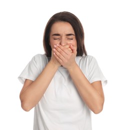 Photo of Young woman suffering from nausea on white background. Food poisoning