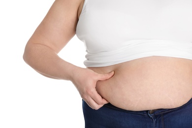 Overweight woman isolated on white, closeup. Obesity and weight loss