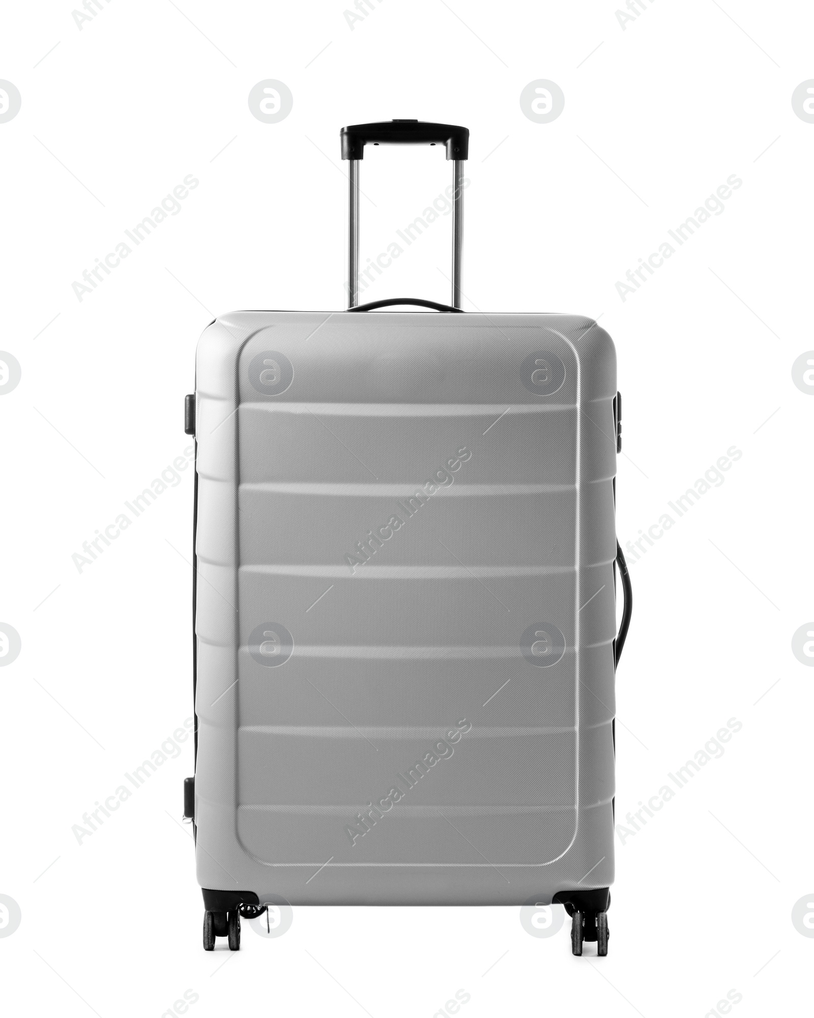 Photo of Gray suitcase packed for journey on white background