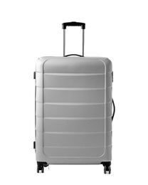 Gray suitcase packed for journey on white background