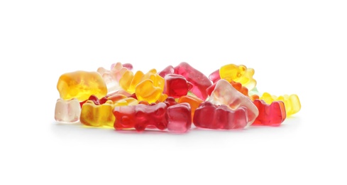 Pile of delicious jelly bears on white background