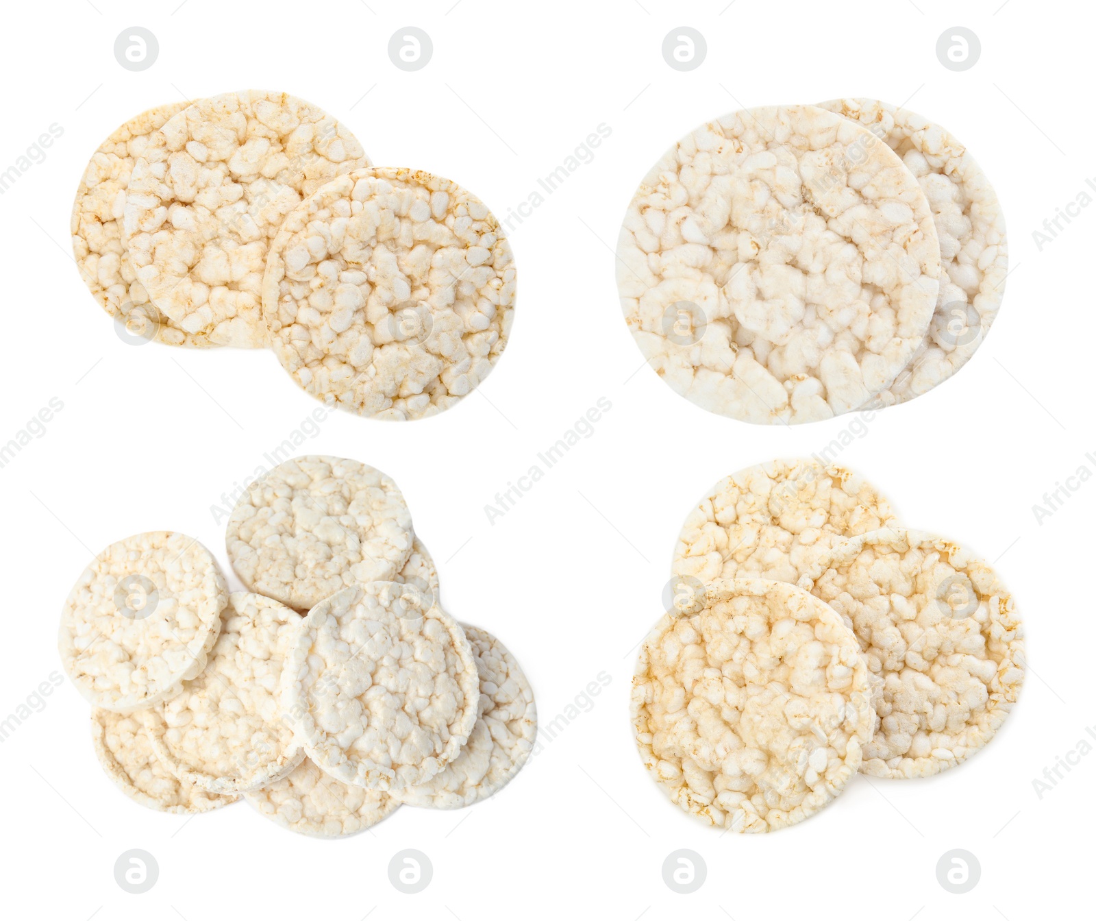 Image of Set of puffed rice cakes on white background, top view