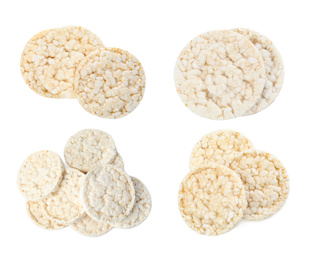 Image of Set of puffed rice cakes on white background, top view