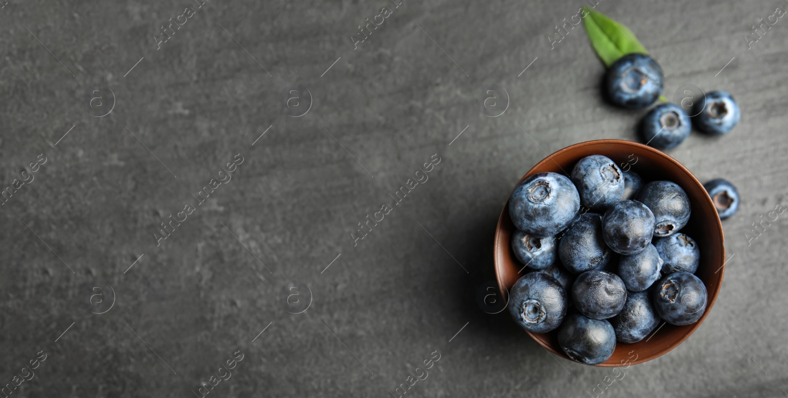 Tasty fresh blueberries on grey background, top view with space for text. Banner design Image of Tasty fresh blueberries on grey background, top view with space for text. Banner design