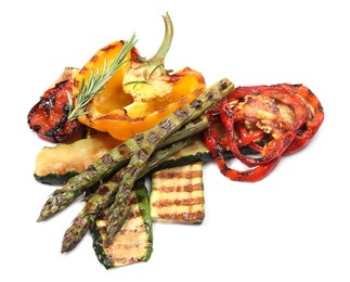 Photo of Different delicious grilled vegetables isolated on white