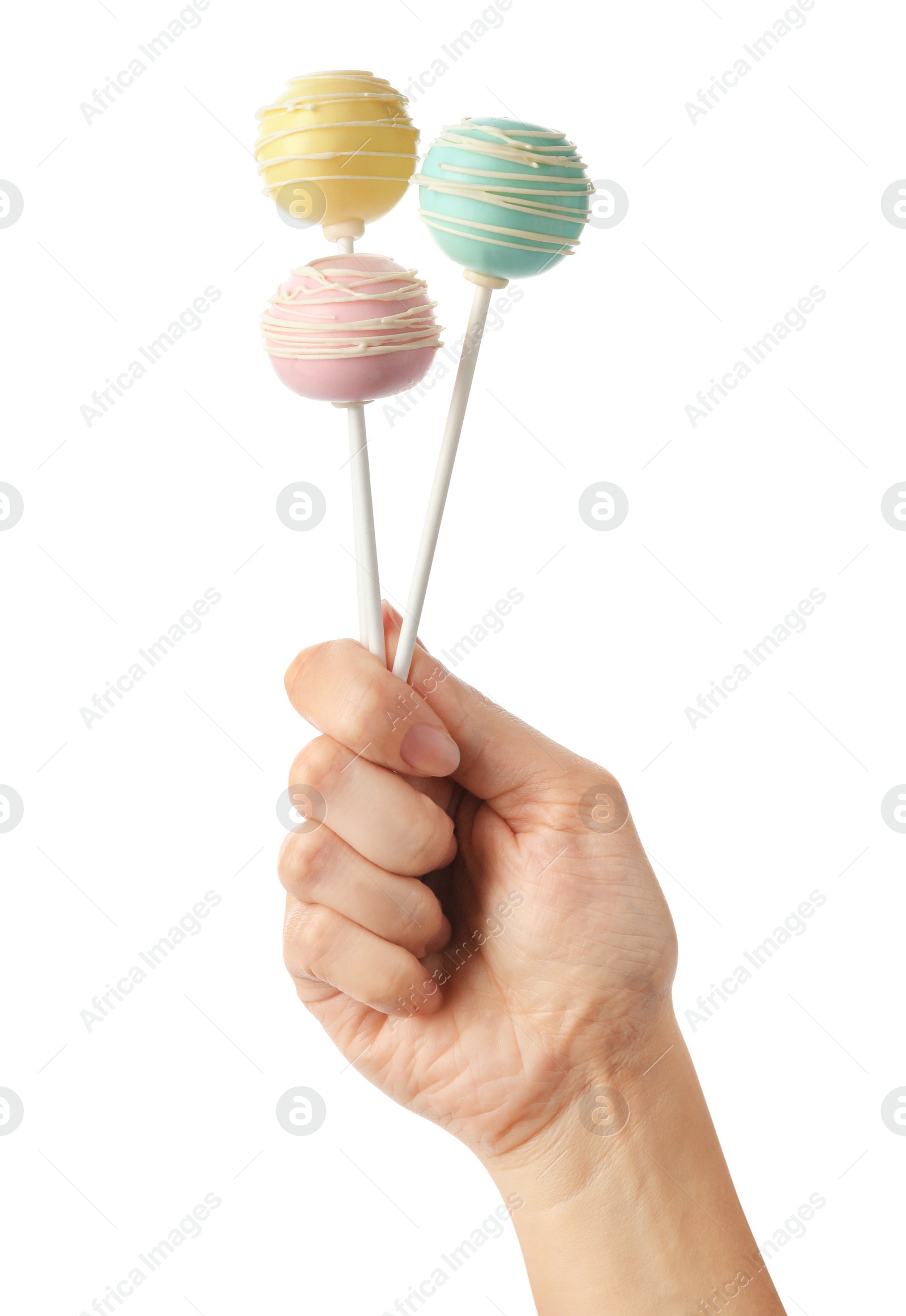 Photo of Woman holding sweet cake pops on white background, closeup