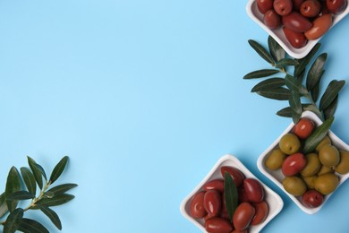 Different fresh olives and green leaves on light blue background, flat lay. Space for text