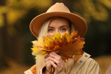 Photo of Portrait of beautiful woman with autumn leaves outdoors