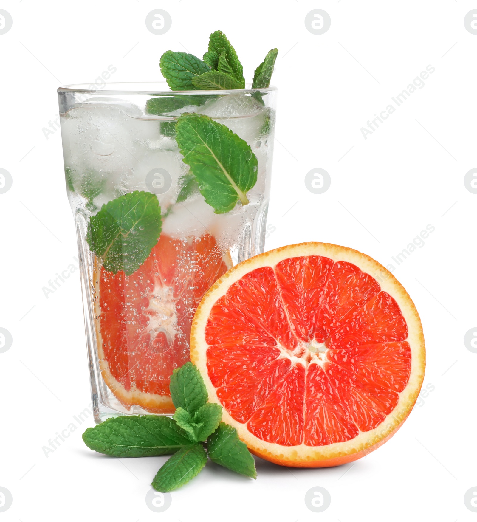 Photo of Delicious refreshing drink with sicilian orange, fresh mint and ice cubes in glass isolated on white