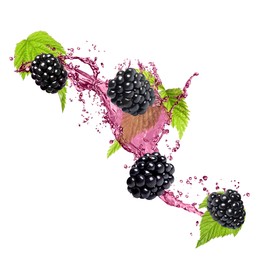 Image of Fresh blackberries and juice in air on white background