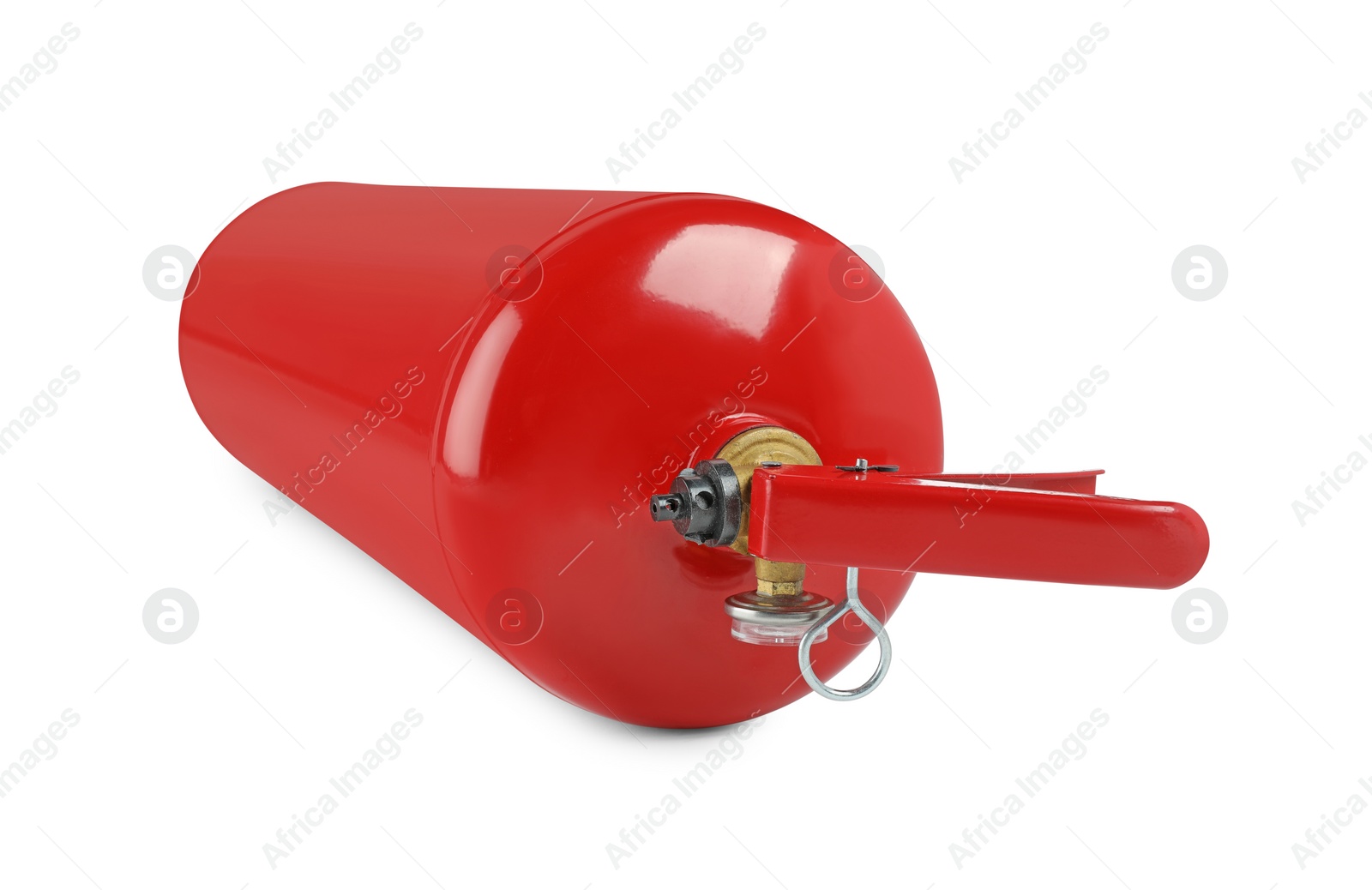 Photo of One red fire extinguisher on white background