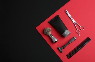 Photo of Set of barber's equipment and men's cosmetic product on color background, flat lay. Space for text