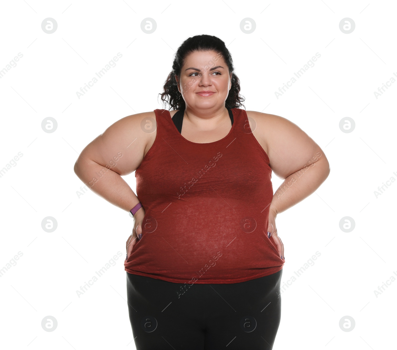 Photo of Happy overweight woman posing on white background