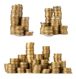 Image of Set with different coins stacked on white background