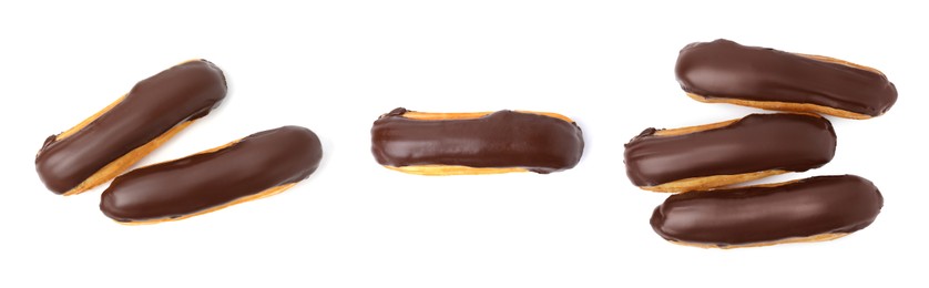 Image of Tasty eclairs covered with chocolate on white background, top view. Collage design