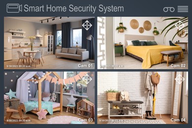 Smart home security system. Different rooms, view from cameras in house