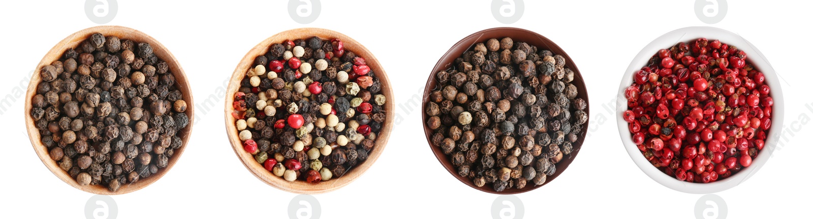 Image of Set of different peppercorns in bowls on white background, top view. Banner design