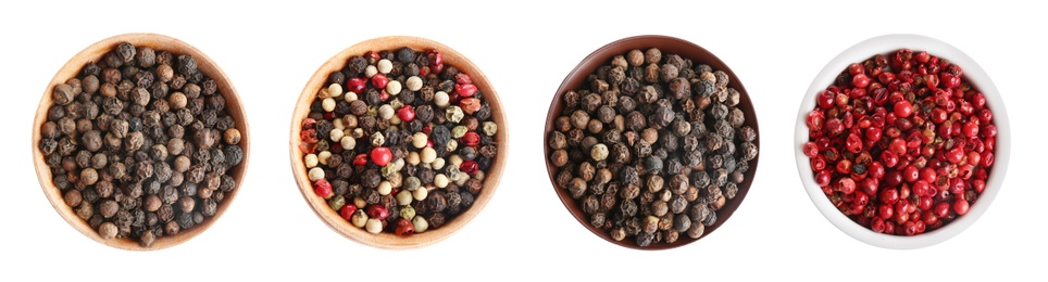 Set of different peppercorns in bowls on white background, top view. Banner design