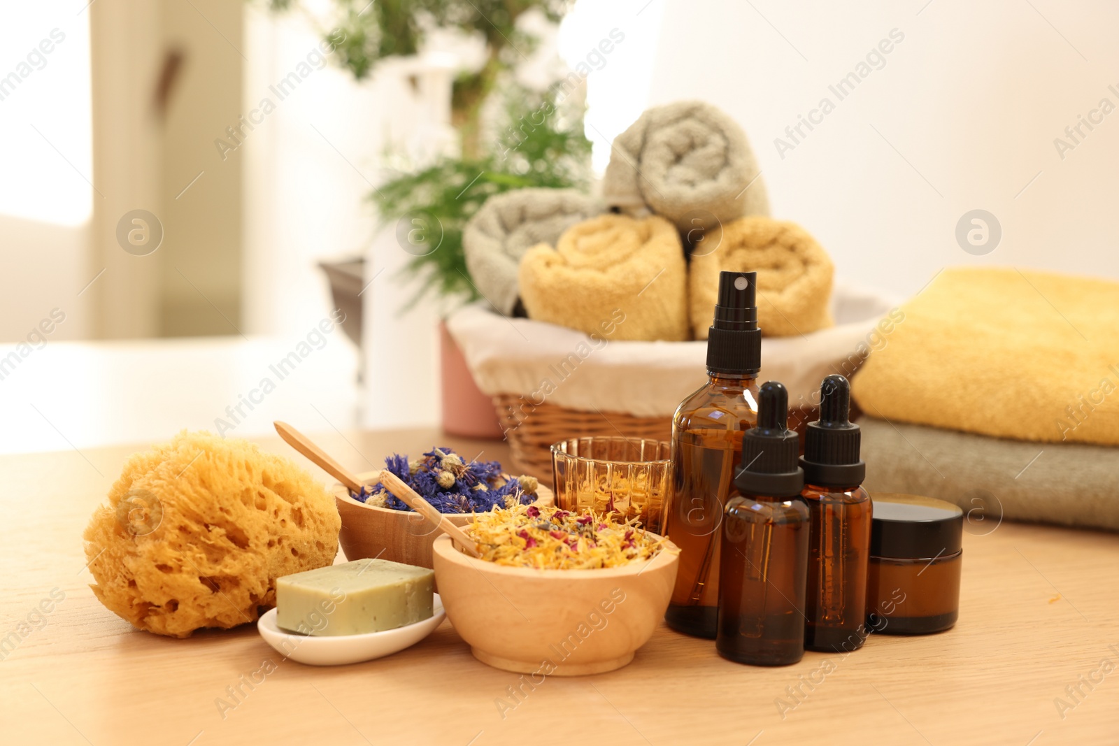 Photo of Dry flowers, loofah, soap bar, bottles of essential oils and jar with cream on wooden table indoors. Spa time