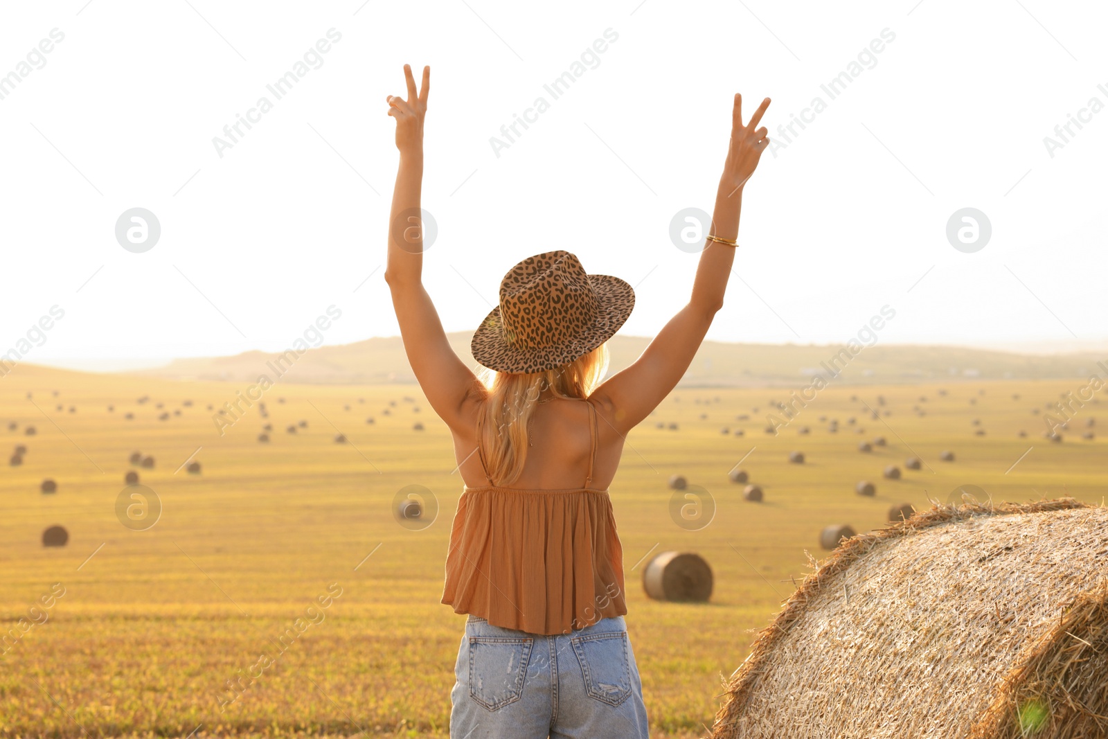 Photo of Hippie woman showing peace signs in field, back view