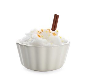 Photo of Snow ice cream with sprinkles and cinnamon in bowl on white background