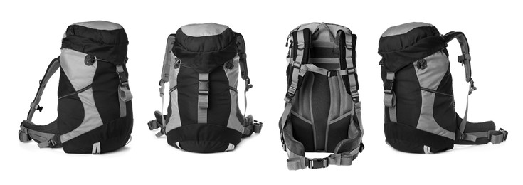 Image of Black backpacks on white background, banner design. Camping tourism