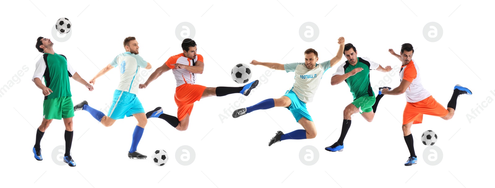 Image of Collage with photos of young men playing football on white background. Banner design