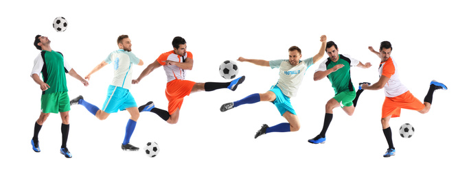 Collage with photos of young men playing football on white background. Banner design