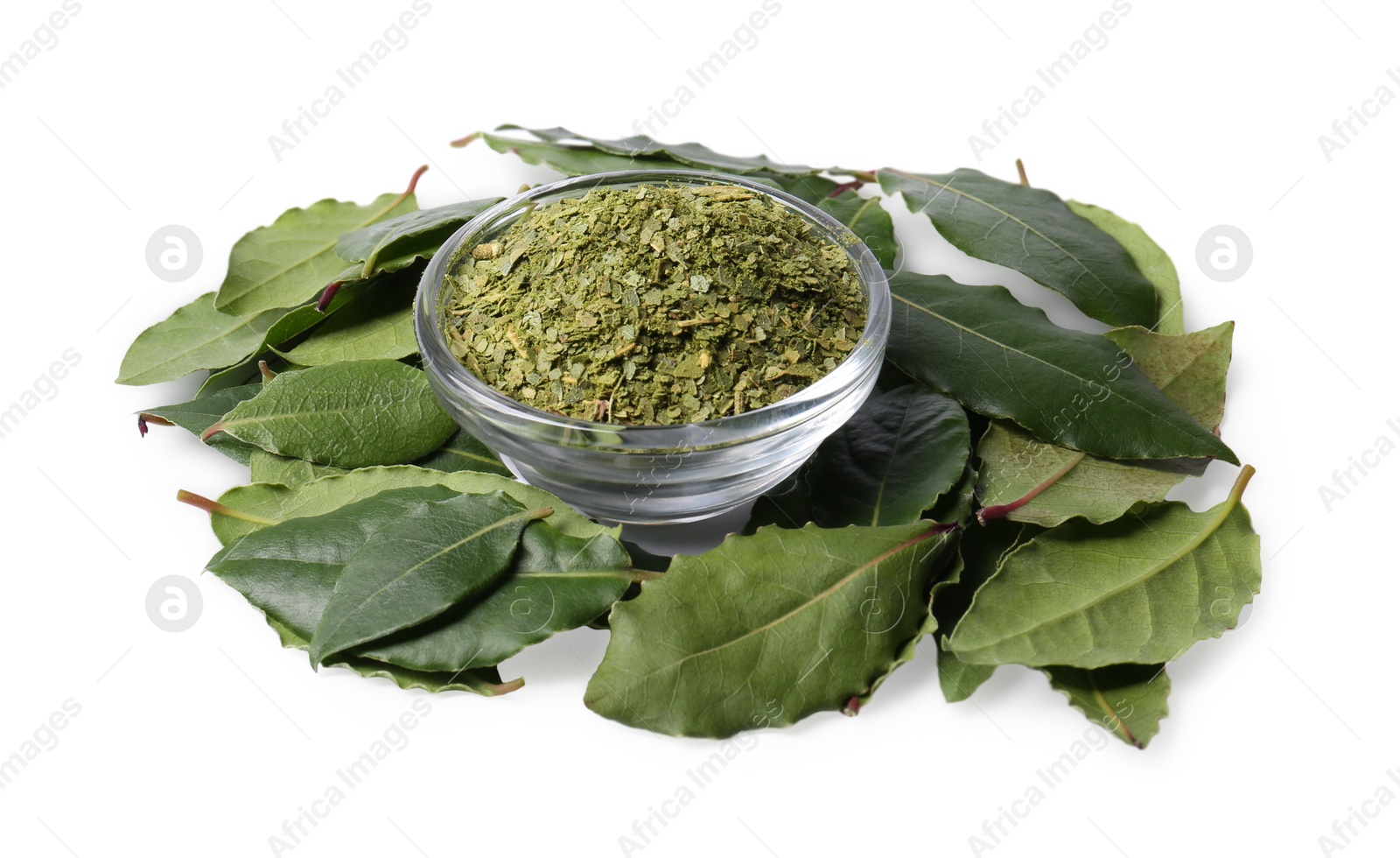 Photo of Bowl with ground and fresh bay leaves on white background