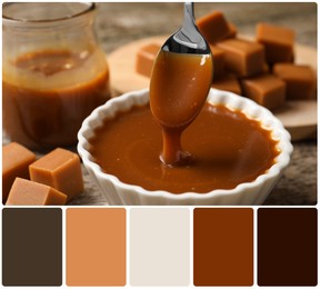 Image of Taking tasty salted caramel with spoon from bowl at table and color palette. Collage