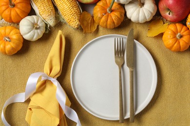 Happy Thanksgiving day. Beautiful table setting and autumn decoration, flat lay