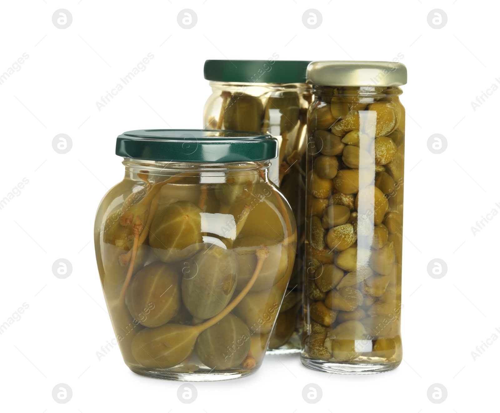 Photo of Capers in glass jars isolated on white