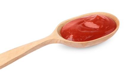 Photo of Ketchup in wooden spoon isolated on white, closeup