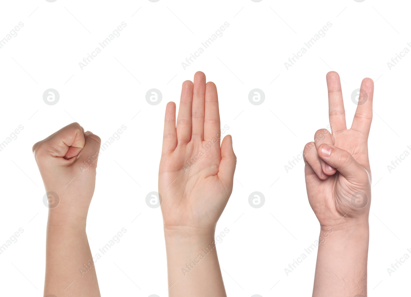 Image of People playing rock, paper and scissors on white background, closeup