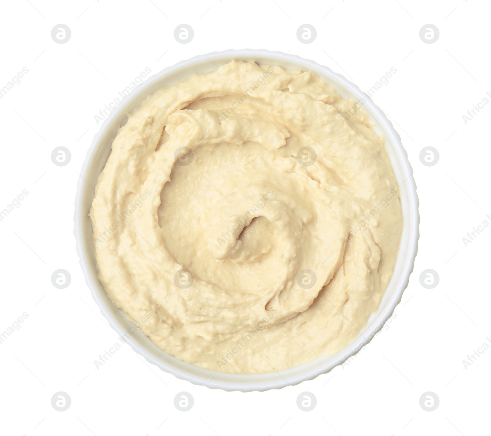 Photo of Bowl of delicious hummus isolated on white, top view