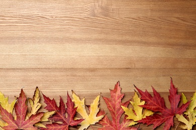 Photo of Dry autumn leaves of Japanese maple tree on wooden table, flat lay. Space for text
