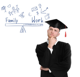 Image of Life balance. Thoughtful graduate making choice between family and work