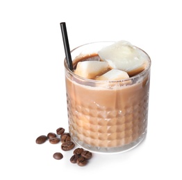 Coffee drink with milk ice cubes and beans on white background