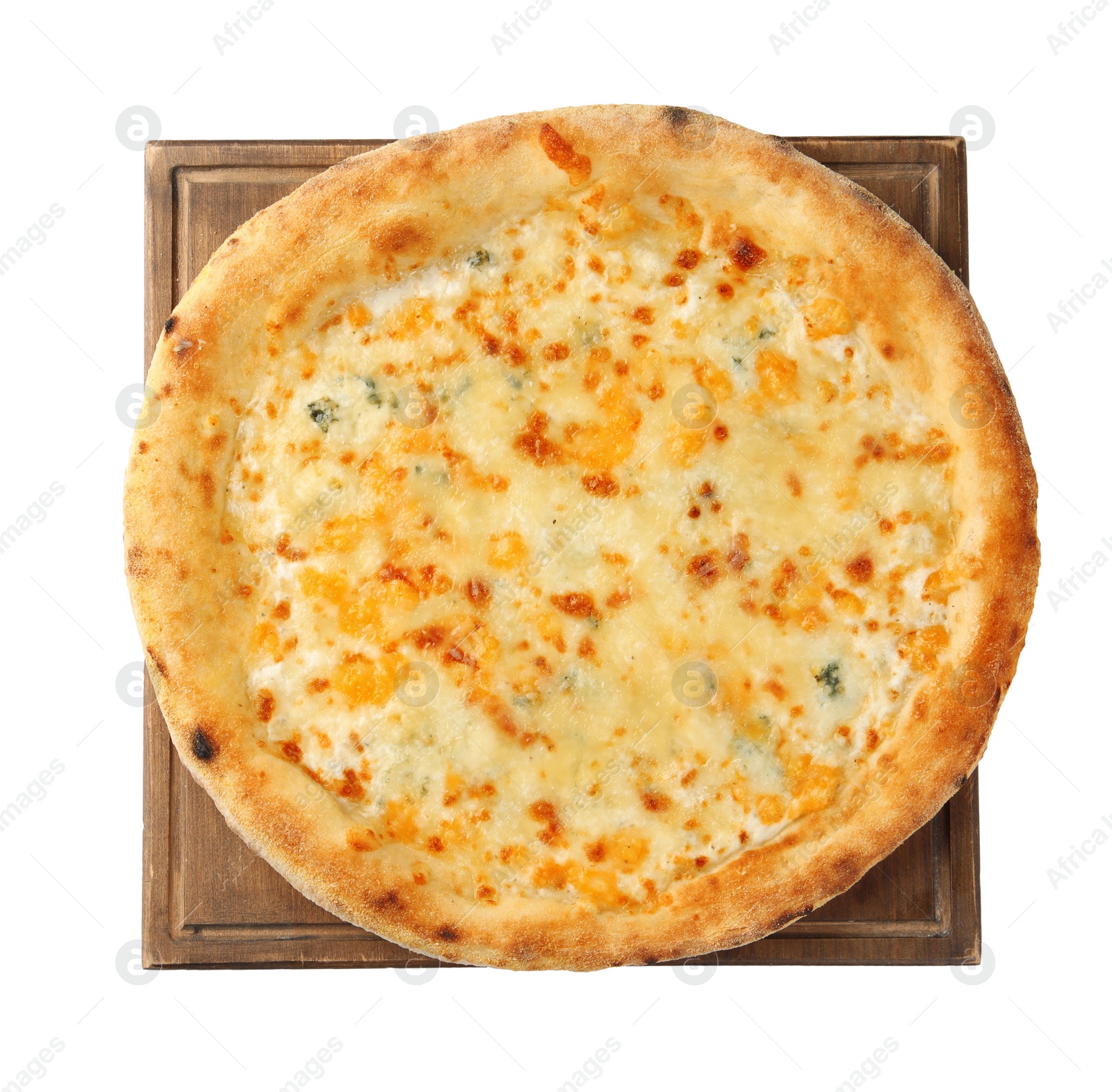 Photo of Delicious cheese pizza isolated on white, top view