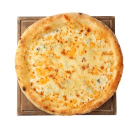 Photo of Delicious cheese pizza isolated on white, top view