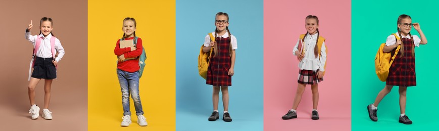 Happy schoolgirl on color backgrounds, set of photos