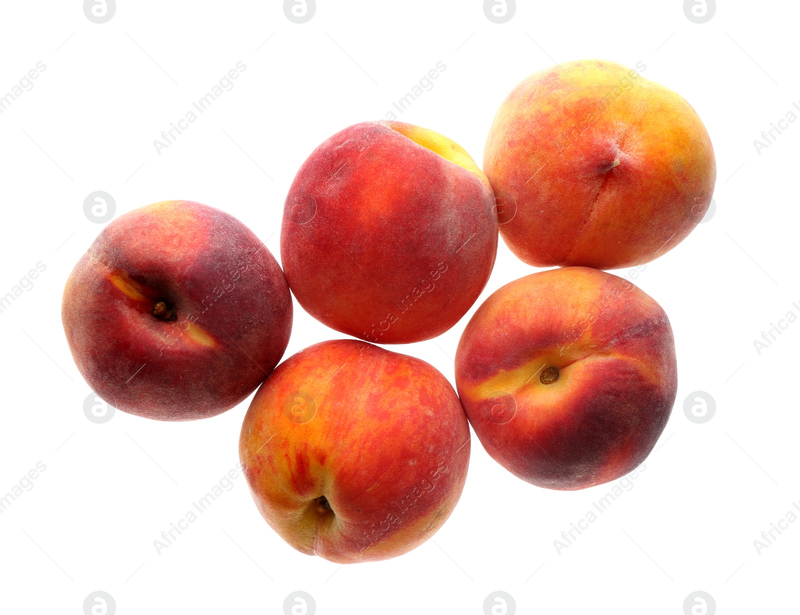 Photo of Delicious ripe juicy peaches isolated on white, top view