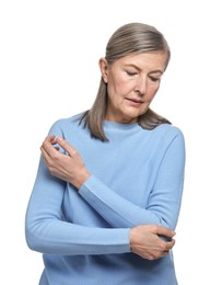Photo of Arthritis symptoms. Woman suffering from pain in elbow on white background